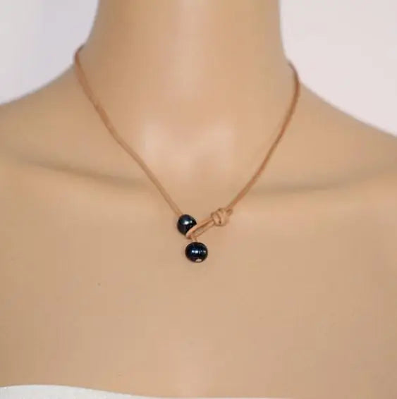AA Pearl Necklace, Brown Leather Freshwater Pearl Jewelry