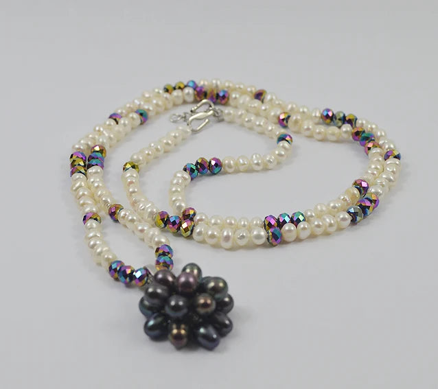 Freshwater Pearl Necklace 3-4mm Crystal Beads Flower Pendant