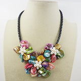 AA Real Pearl Shell Flower Necklace Multicolor Sea Shell Flower Pearls Leather