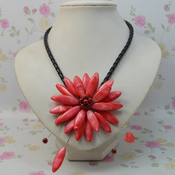 AA Real Pearl Shell Flower Necklace Red Flowers Fine Jewelry For Women