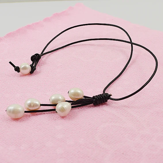 AA Rice Pearl Necklace Freshwater Pearl Leather Rope Fine Jewelry
