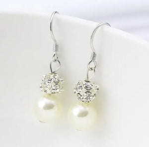Round Pearl Earrings Rhinestone Freshwater Pearls S925 Silver Dangle Earrings