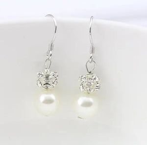 Round Pearl Earrings Rhinestone Freshwater Pearls S925 Silver Dangle Earrings
