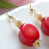 Coral Earrings 14K Filled Rhinestone Pearl Drop Wedding