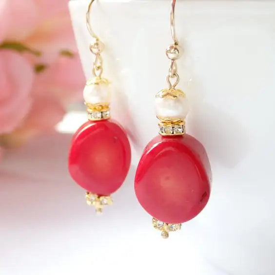 Coral Earrings 14K Filled Rhinestone Pearl Drop Wedding