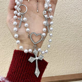 Gothic Cross Pendant Layered Necklace with Pearls Beads