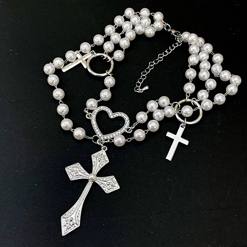 Gothic Cross Pendant Layered Necklace with Pearls Beads