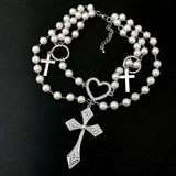 Gothic Cross Pendant Layered Necklace with Pearls Beads