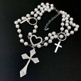Gothic Cross Pendant Layered Necklace with Pearls Beads