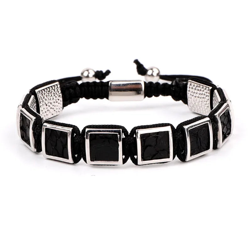 High Snake Leather Brass Square Beads Macrame Bracelet