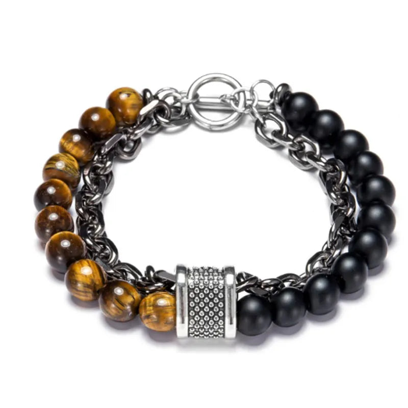 Natural Tiger Eye Stone Beaded Men Bracelet Stainless Steel Chain