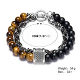 Natural Tiger Eye Stone Beaded Men Bracelet Stainless Steel Chain