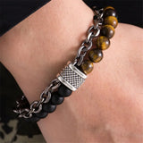 Natural Tiger Eye Stone Beaded Men Bracelet Stainless Steel Chain