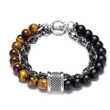 Natural Tiger Eye Stone Beaded Men Bracelet Stainless Steel Chain