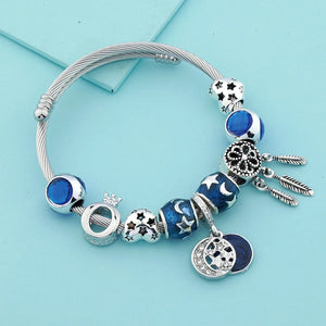 Star Moon Cuff Bracelet with Heart Crown Charm