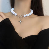 Luminous Pearl Necklace Reflective Cross Beaded Chain Women Party Jewelry