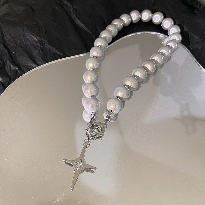 Luminous Pearl Necklace Reflective Cross Beaded Chain Women Party Jewelry