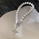 Luminous Pearl Necklace Reflective Cross Beaded Chain Women Party Jewelry