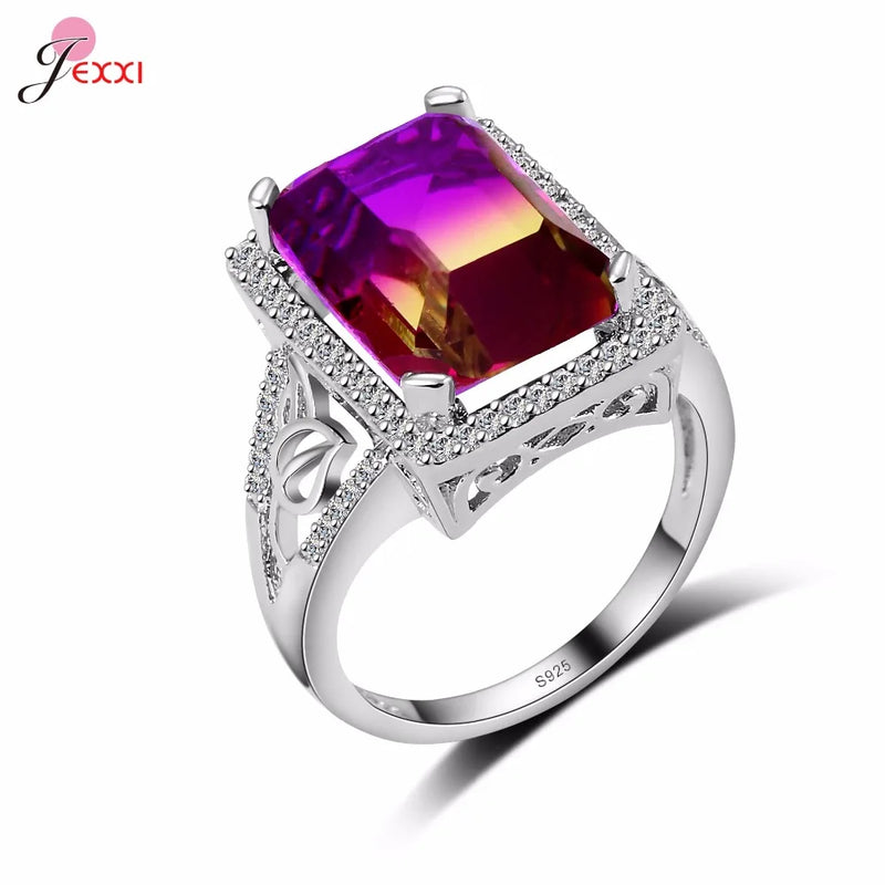Magic Gradient Multi-Color Square 925 Silver Rings Size 6-10