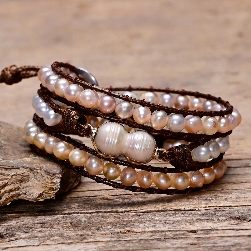 3-Layered Bracelet Fresh Water Pearl Stone Charm Gift Women