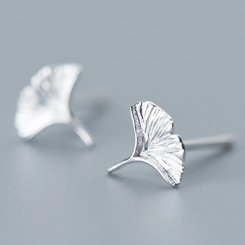 Ginkgo Leaf Stud Earrings 925 Sterling Silver Bridal Jewelry