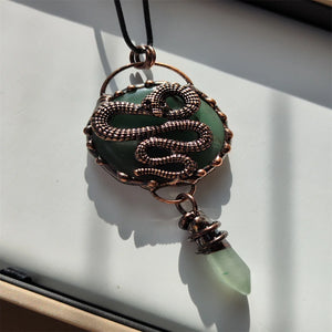 Green & Indian Jade Crystal Necklace with Vintage Snake Charm