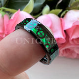 Tungsten Wedding Band Gears and Green Opal Inlay Comfort Fit