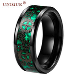 Tungsten Wedding Band Gears and Green Opal Inlay Comfort Fit