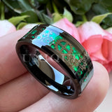 Tungsten Wedding Band Gears and Green Opal Inlay Comfort Fit