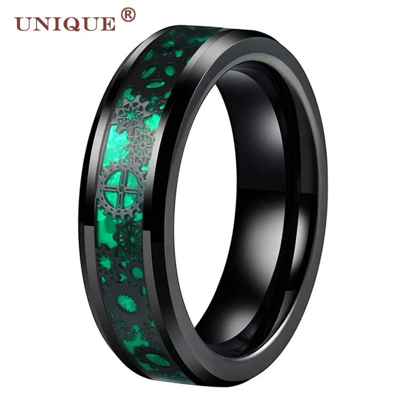 Tungsten Wedding Band Gears and Green Opal Inlay Comfort Fit