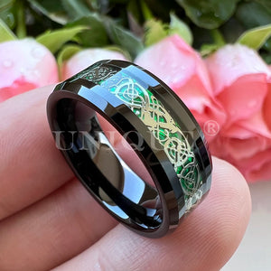 Dragon Ring 8mm Green Opal Inlay Beveled Edges Polished Finish