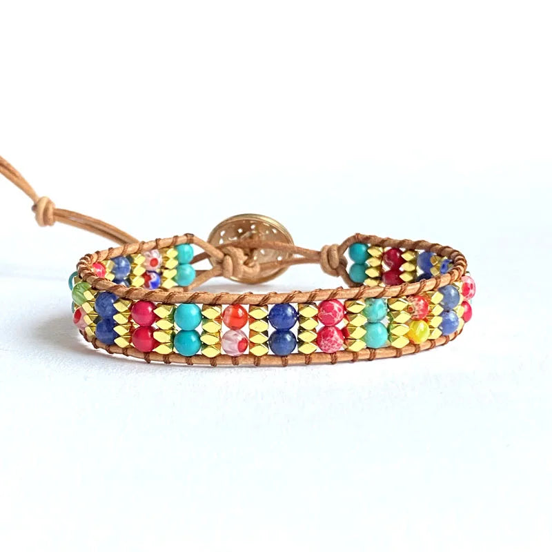 Natural Stone Beads Multicolor Leather Wrap Bracelet