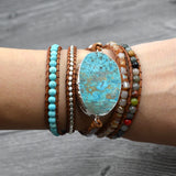 Mixed Natural Stones Gilded Stone Charm Layered Leather Wrap Bracelet