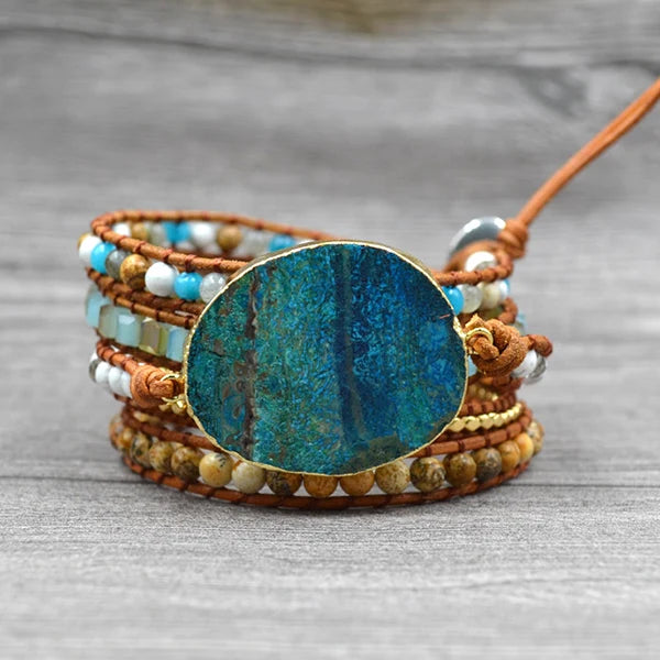 Mixed Natural Stones Gilded Stone Charm Layered Leather Wrap Bracelet