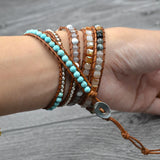 Mixed Natural Stones Gilded Stone Charm Layered Leather Wrap Bracelet