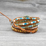 Mixed Natural Stones Gilded Stone Charm Layered Leather Wrap Bracelet