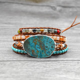 Mixed Natural Stones Gilded Stone Charm Layered Leather Wrap Bracelet