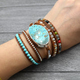 Mixed Natural Stones Gilded Stone Charm Layered Leather Wrap Bracelet