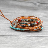 Mixed Natural Stones Gilded Stone Charm Layered Leather Wrap Bracelet