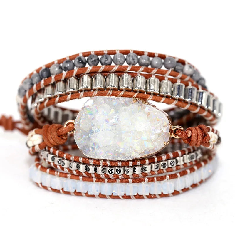 Natural Stones Quartz Druzy Charm 5 Strands Wrap Bracelets