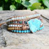Mixed Natural Stones Turquoise Charm Wrap Bracelet Boho Women Leather