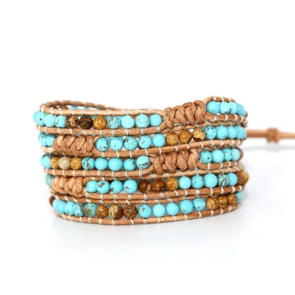 Mixed Turquoise Beads 5 Strands Wrap Leather Bracelet