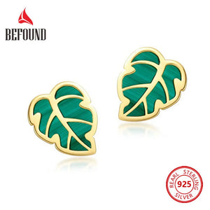Natural Malachit Stud Earrings 925 Silver Green Leaf Jewelry