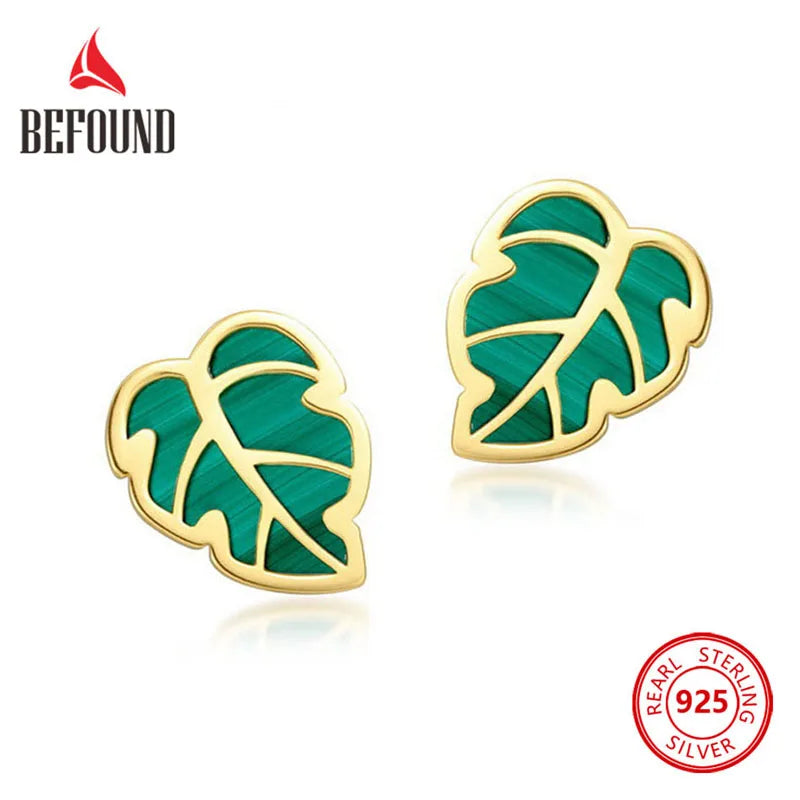 Natural Malachit Stud Earrings 925 Silver Green Leaf Jewelry