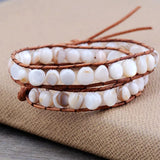 Shell Beads Leather Wrap Bracelet Layered Beads Natural Stone Jewelry