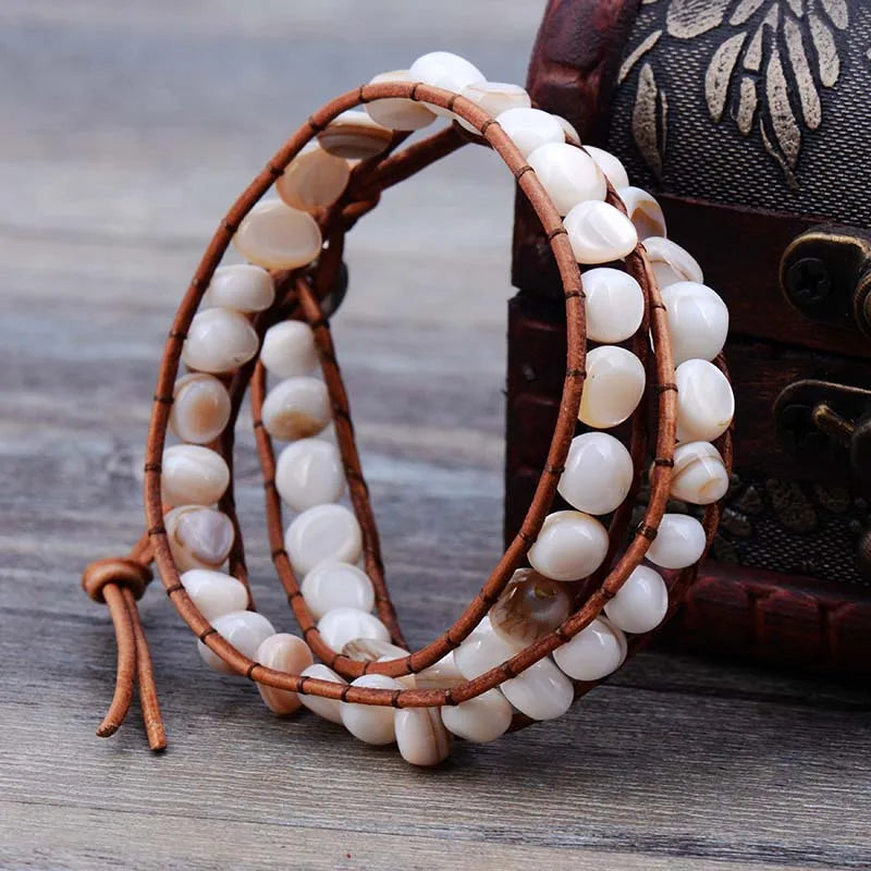 Shell Beads Leather Wrap Bracelet Layered Beads Natural Stone Jewelry