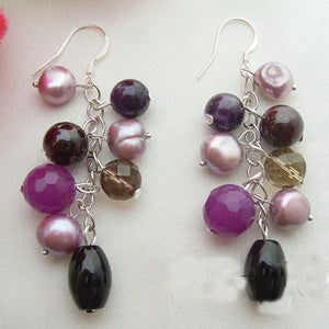 Multicolor Agates Amethyst Pearl Silver Earrings