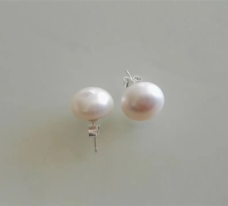 Huge Freshwater Pearl Silver Stud Earrings 10-14mm Sizes
