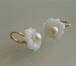 Jade Flower Freshwater Pearl Earrings Women Gift Wedding Jewelry