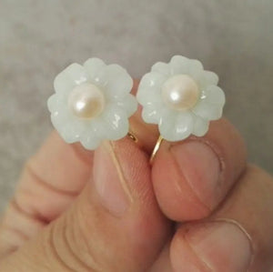 Jade Flower Freshwater Pearl Earrings Women Gift Wedding Jewelry
